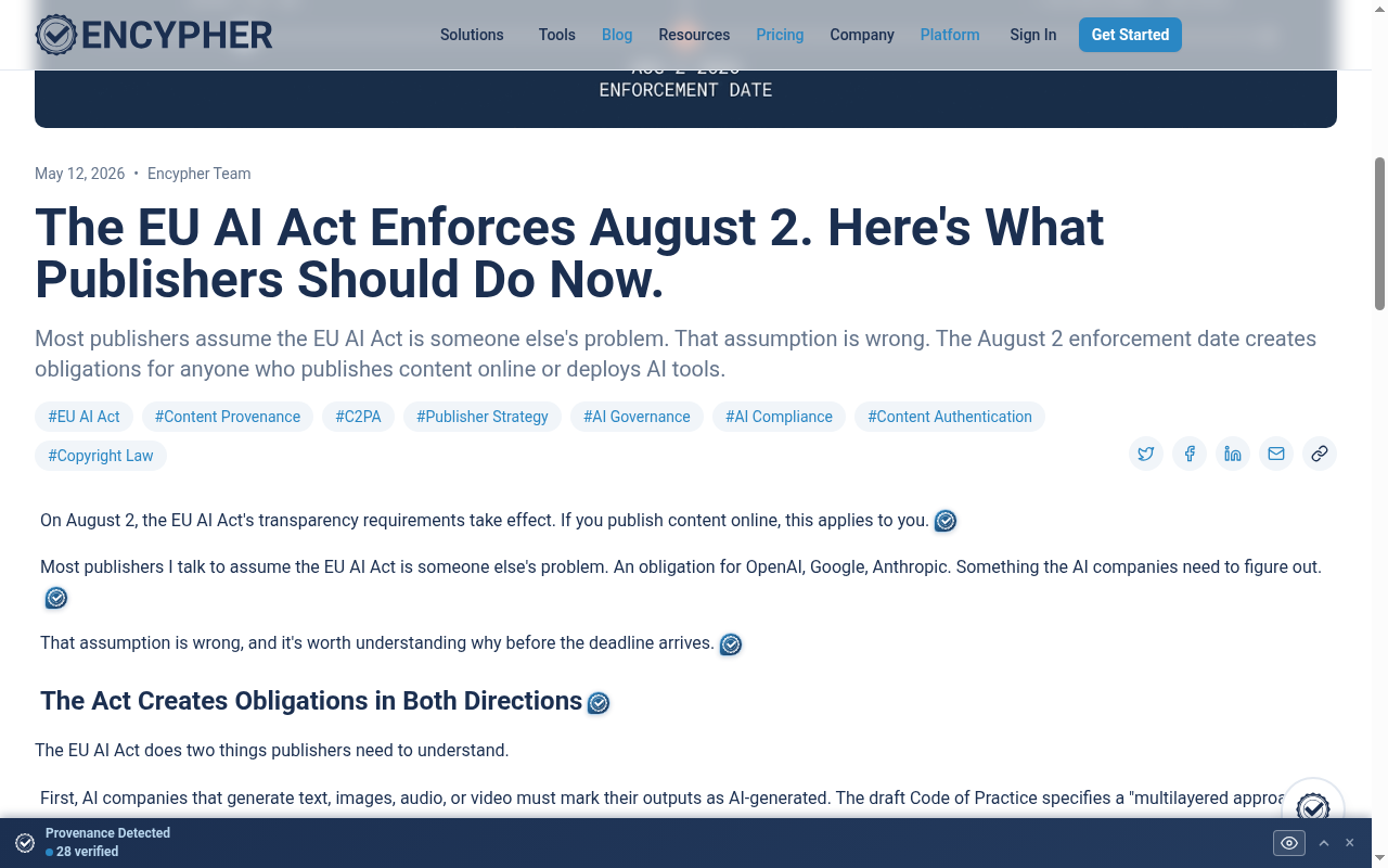The extension marks each signed sentence on a live article and shows a provenance bar naming the signer
