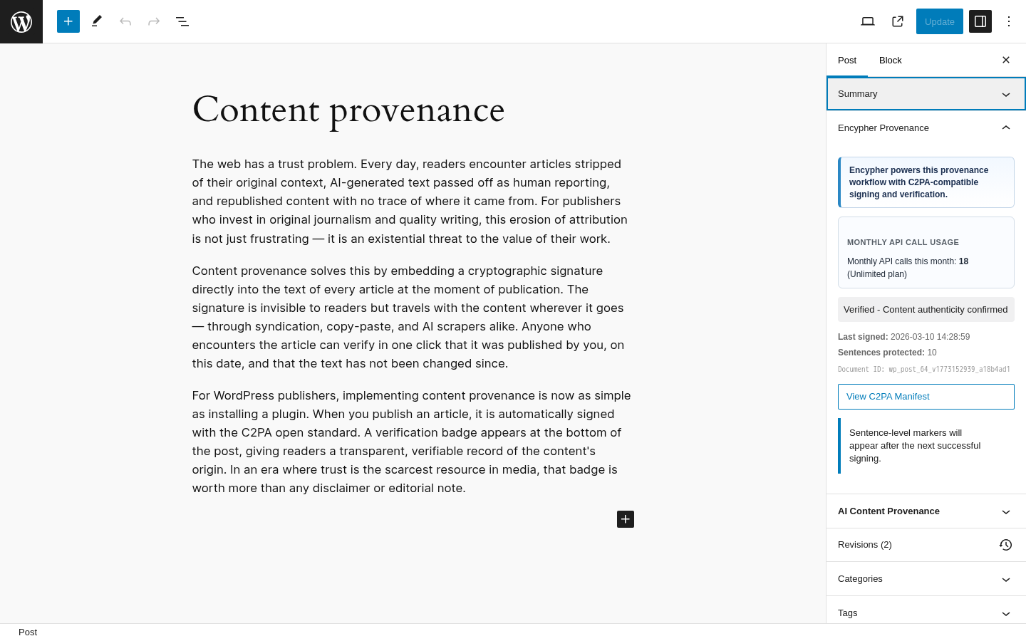 The WordPress block editor with the Encypher sidebar showing the post is signed and linking to its C2PA manifest
