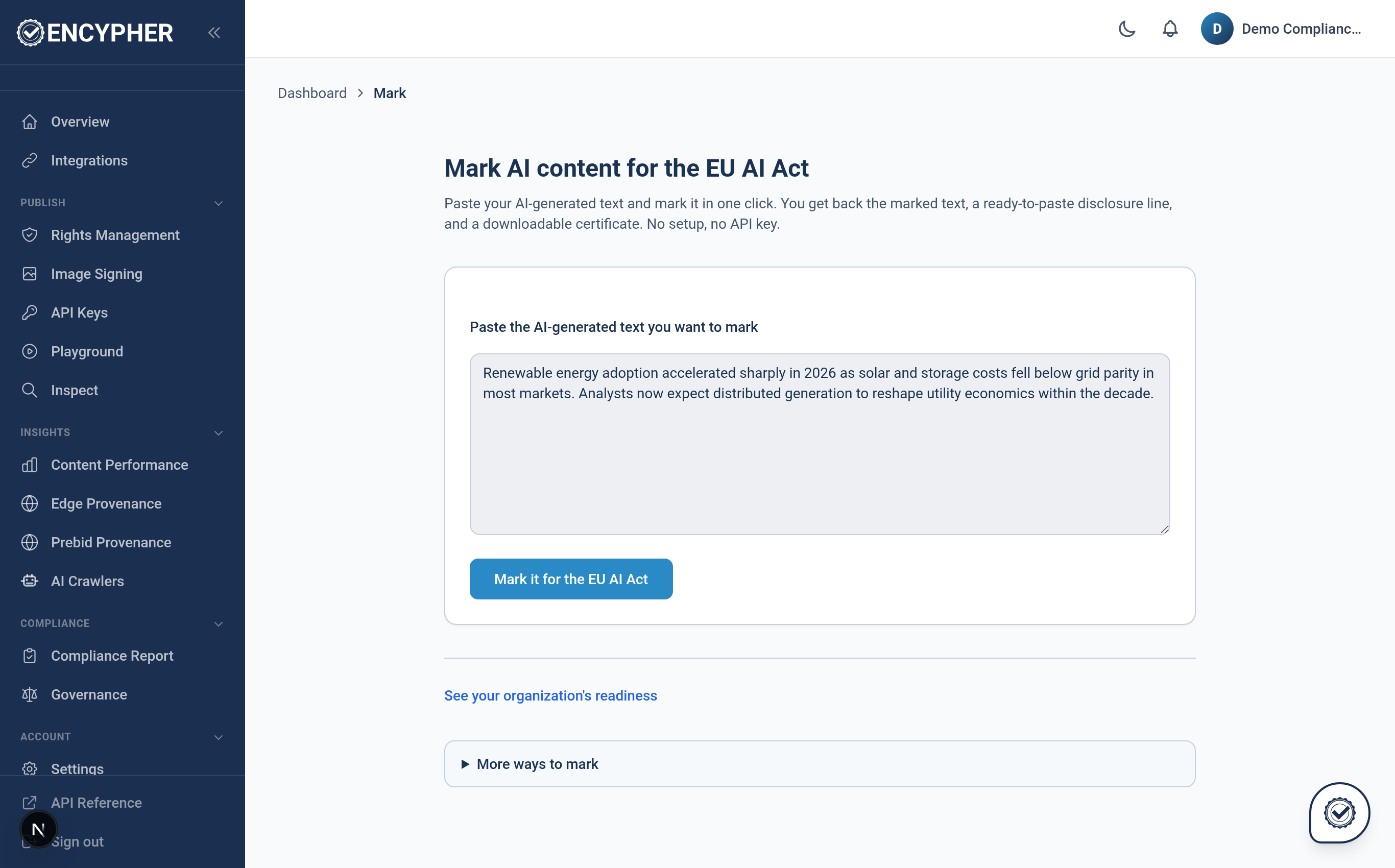 Marking the AI text in one click in the Encypher Mark flow