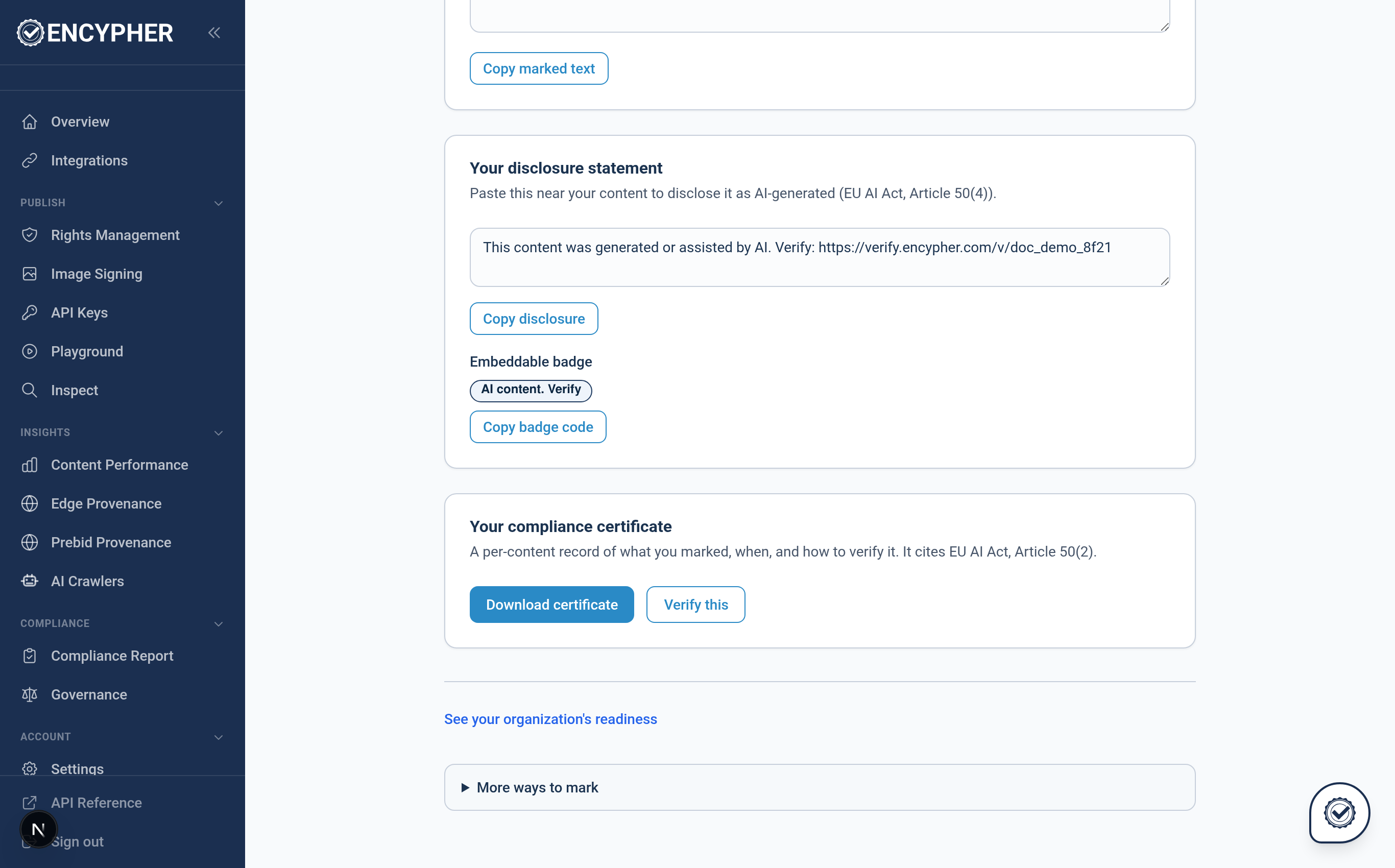 The generated AI disclosure statement and embeddable badge
